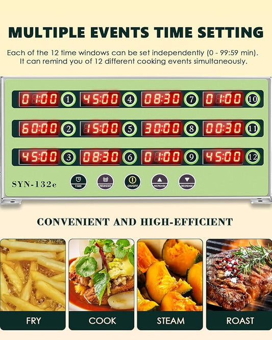 12 Channel Kitchen Timer Commercial Cooking Timer Reminder Restaurant Timer Burger Bakery Fryer Timer Stainless Steel Loud Alarm for Home Cooking Hotel Restaurant (12 Channel)