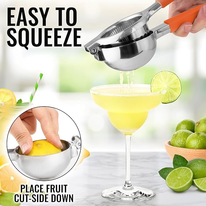Zulay Kitchen Lemon Squeezer Stainless Steel with Premium Heavy Duty Solid Metal Squeezer Bowl and Food Grade Silicone Handles - Large Manual Citrus Press Juicer and SS Lime Squeezer (Orange)