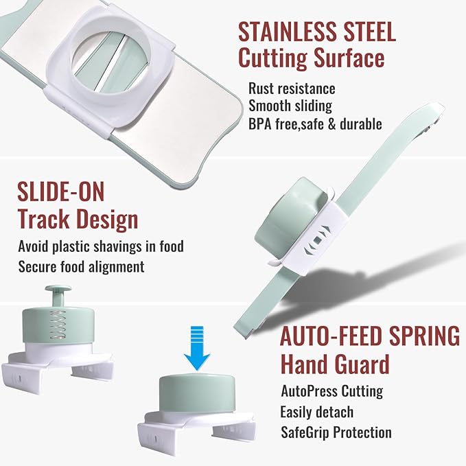 Multi-Purpose Mandoline Slicer for Kitchen with Slide-On Hand Guard - Vegetable Chopper, Potato/Onion/Garlic Slicer, Kitchen Grater(Multi-Color) (Seafoam green, 5-in-1)