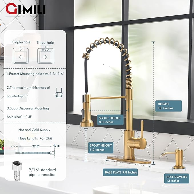 GIMILI Brushed Gold Kitchen Faucet with Soap Dispenser, Single Handle Spring Pull Out Kitchen Sink Faucets with Pull Down Sprayer
