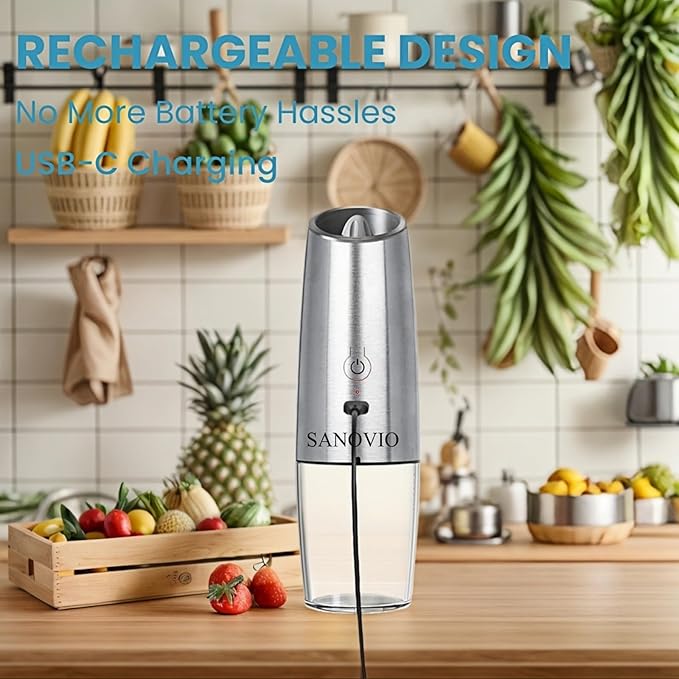 Gravity Electric Salt and Pepper Grinder Set, USB-C Rechargeable, No Battery Needed,One-Touch Automatic Shakers, Adjustable Coarseness, Kitchen Utensils for Dining Cooking(Silver,2 Pack)