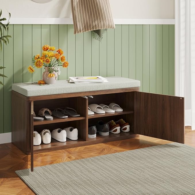 Entryway Shoe Storage Bench with 2" Cushion, 37.4" Small Bench with Shoe Rack, Cabinet Organizer for Hallway，Bedroom End of Bed,Walnut