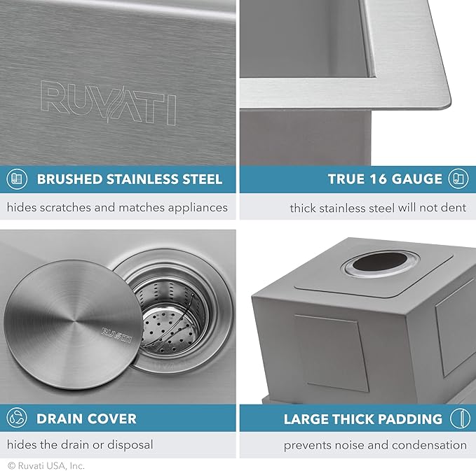 Ruvati 18 x 19 inch Undermount Workstation Bar Prep Sink - 16 Gauge Ledge Stainless Steel kitchen Sink Single Bowl with Brushed Finish hides scratches, Easy-to-Clean - RVH8319