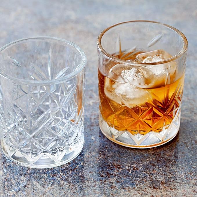 Restaurantware Timeless 7 Ounce Rocks Glasses 12 Rolled Rim Crystal Old Fashioned Glasses - Etched Design Made From Lead-Free Glass Clear Glass Crystal Cut Glasses Dishwashable