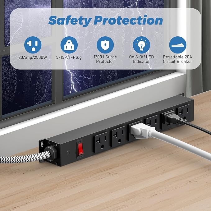 Heavy Duty Power Strip 20 amp Surge Protector,Wall mountable Power Strip,12 Gauge Extension Cord 5-15P Adapter High Amp 6-20R T-Slot Industrial Outlet,for Garage,Workshop & Industrial
