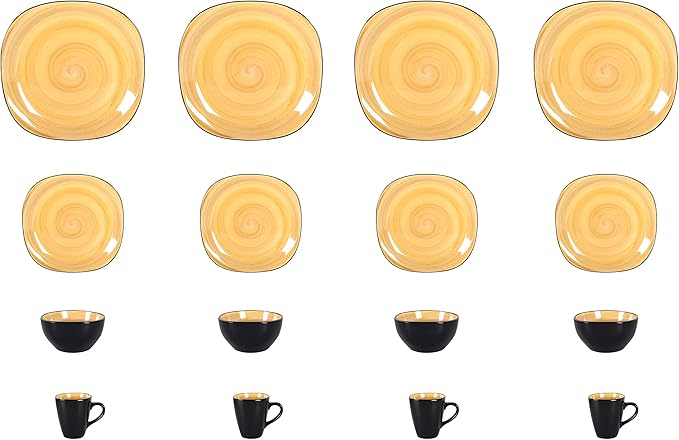Stoneware Square 16pc Dinnerware Set, Inside Spinwash Swirl Yellow + Outside Black