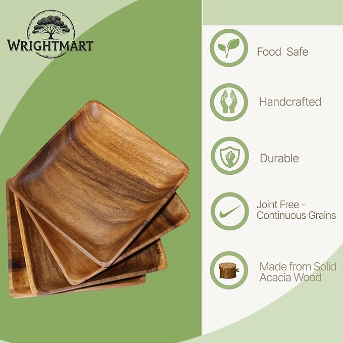 Wooden Plates Set of 4 – 10” Square Acacia Wood Plates, Rustic Dinnerware for Steak, BBQ, Charcuterie, or as Wooden Chargers