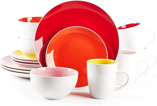 Stoneware Coupe Shape Dinnerware Set, Outside White + Inside (16pc Set, Very Rose)