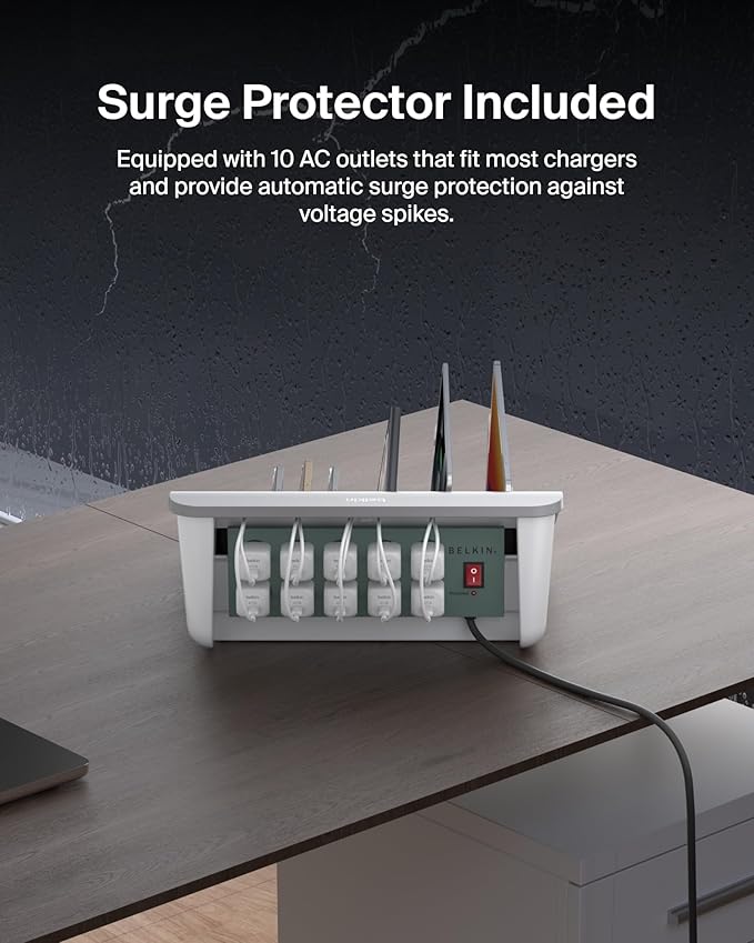 Belkin Charging Station For Laptops with Surge Protector - 10 Device USB Charging Dock for Tablets, Laptops, Chromebooks – Cable Management for Classrooms, Offices, Tech Labs, Shared Spaces, & More
