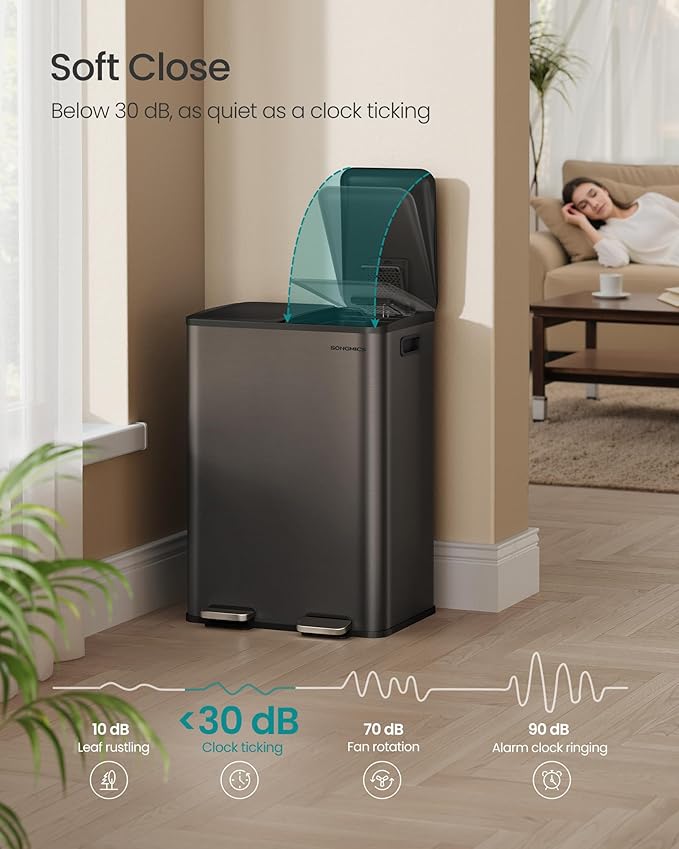 SONGMICS Trash Can, 2 x 8 Gallon (2 x 30 L) Dual-Compartment Garbage Can with Soft-Close Lid, Pedal and Inner Buckets, Stainless Steel, Includes 15 Liner Bags, Slate Gray ULTB741G01