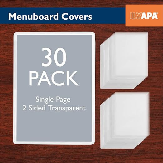 Ilyapa 30 Pack of Menu Covers 8.5 x 11 Inches - Single Page, 2 View - Restaurant Menu Covers, Double Stitched Sleeves, Two Clear Viewing Surfaces