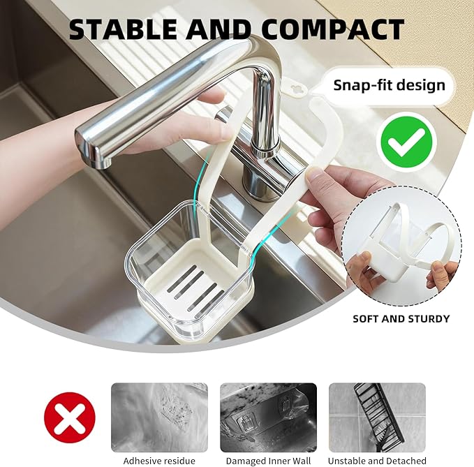 Sponge Holder for Kitchen Sink Dish Sponge Sink Caddy Kitchen Organizer Gadgets Storage for Dish Brush Scrubber Hanging Strap Faucet Caddy with Drain Holes (Grey, Small)