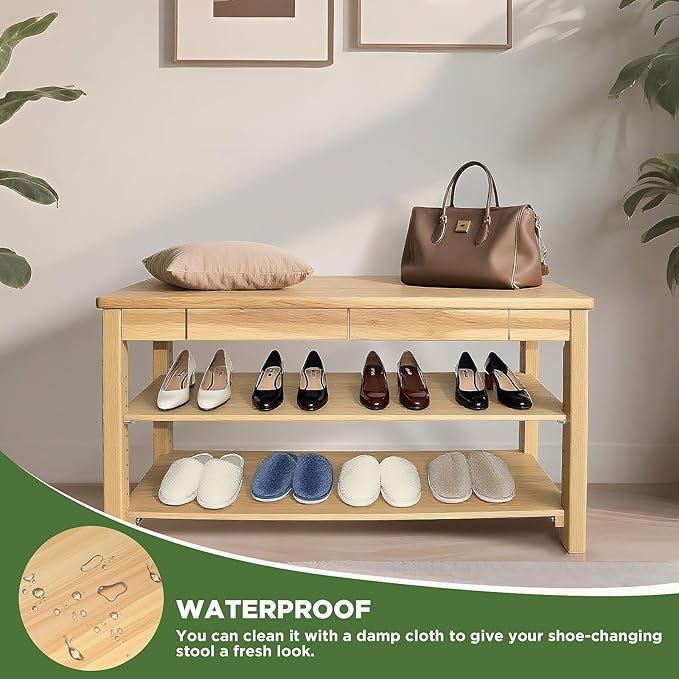 Shoe Storage Bench Wood Entryway: Shoe Rack Bench with Drawer 3-Tiers Height Adjustable,Rustic Wooden Organizer for Front Door Entrance Hallway Living Room,Mudrooms (Natural 2-Tiers, 43.3")