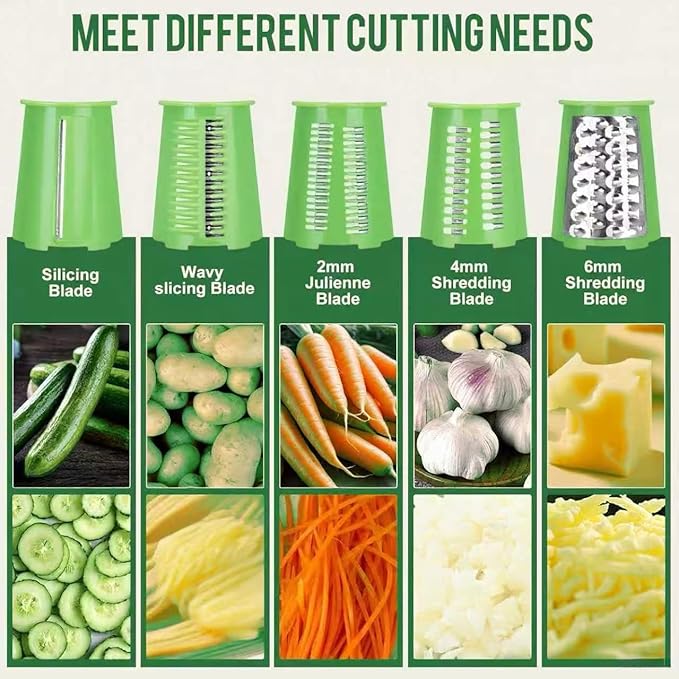 Rotary Cheese Grater with 5 Well-designed Blades & Strong Suction Base, Kitchen Mandoline Vegetable Slicer with Blade Storage Box (GREEN)