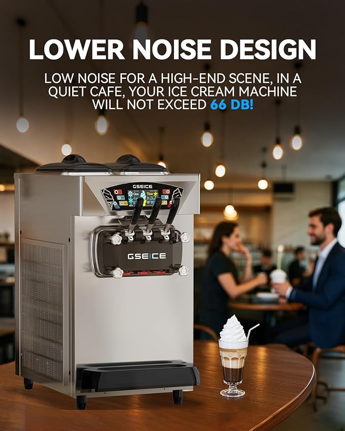 Commercial Ice Cream Maker, 6.8-8.4 Gal/H, 2*8L Hopper 110V 2500W Countertop Soft Serve Ice Cream Machine, 3 Flavors Puffing Alarm Pre-Cooling For Shops Cafes Dessert Stores, Auto Clean & Touch Screen