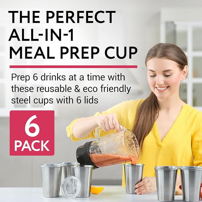 IMPRESA Smoothie Cups for Freezer - 16.9 Oz Stainless Steel Glossy Silver 6-Pack - Reusable Slide-Top Spill-Resistant Lids & Dry-Erase Friendly - Meal Prep Smoothie Storage Containers