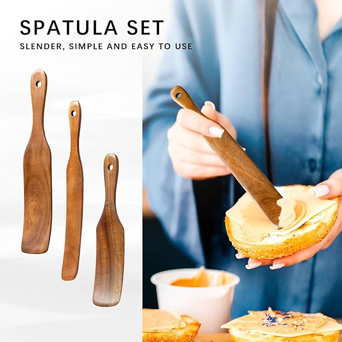 Wooden Spatulas for Cooking Set of 5, Teak Spatula Set with Ergonomic Handles, Nonstick Safe Wooden Spoons for Cooking, Durable Wood Utensil Set for Kitchen, Smooth Handcrafted Wood Spatula