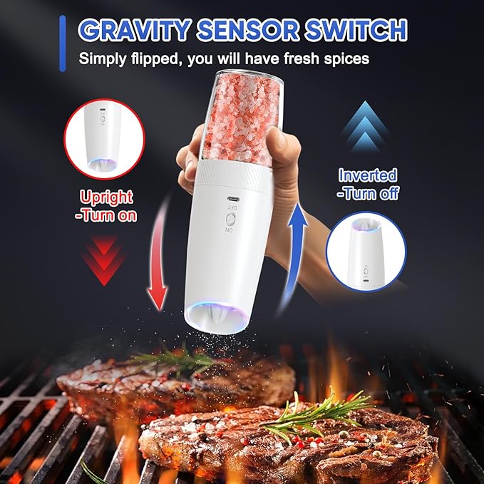 Gravity Electric Pepper and Salt Grinder Set, Adjustable Coarseness, With LED Light, One Hand Automatic Operation, 2 Pack (Black and white)