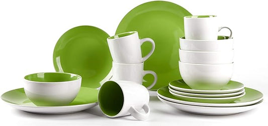 Stoneware Coupe Shape 16pc Dinnerware Set, Outside White + Inside Bamboo Color