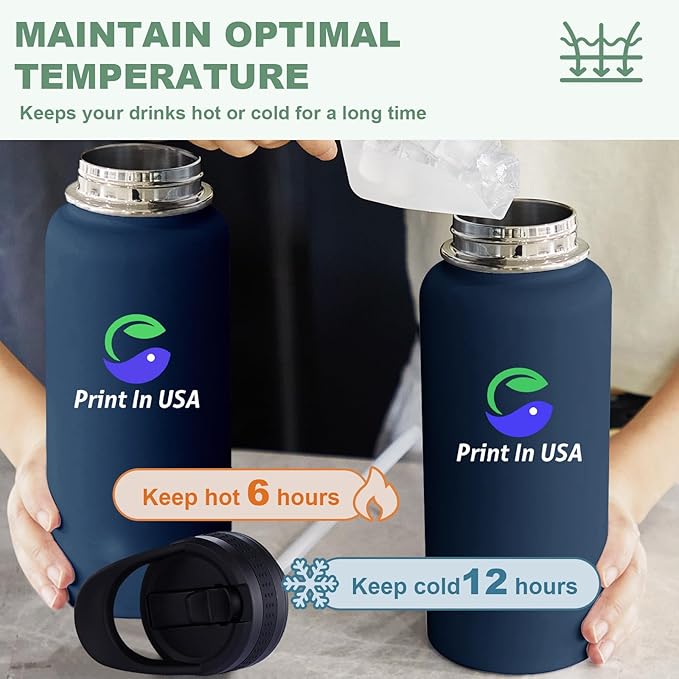 Personalized Custom Water Bottle Print in USA 32oz Stainless Steel Double Wall Coffee Cup with Lid & Straw Insulated Tumbler with Colorful Text Logo Photo 25Pcs