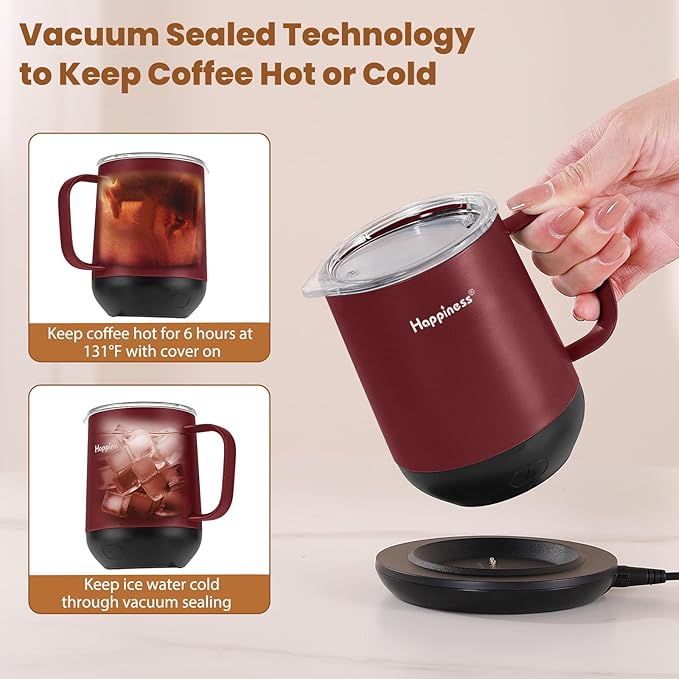 Happiness Smart Heated Coffee Mug,12oz Rechargeable Electric Self Heating Temperature Control Coffee Cup