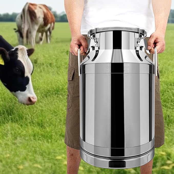 Milk Can Stainless Steel Containers with Lids Old Fashion Milk Jug Metal Bucket with Practical Handles, Sealed Bucket for Milk Water Wine Honey Oil Rice Tea Beans Grains (40L/10.57Gal)
