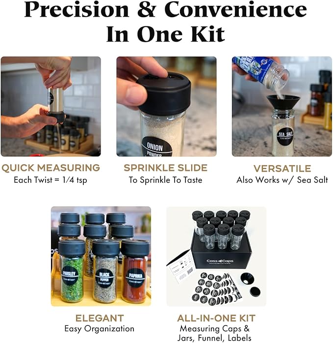 Spice Jars & Measuring Caps Set – Measure Straight from The Spice Jar! Faster Meal Prep, No Mess, No Clean Up. 12 Pack Holiday Special!