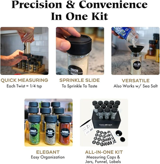 Spice Jars & Measuring Caps Set – Measure Straight from The Spice Jar! Faster Meal Prep, No Mess, No Clean Up. 12 Pack Holiday Special!