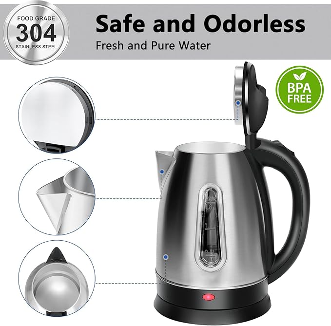 Electric Kettle, Stainless Steel 1.8 Liters Tea, Coffee Kettle & Hot Water Boiler, Auto Shut Off, Boil-Dry Protection with LED Ligh, Water Heater & Teapot, 360° Swivel Base, 1100W