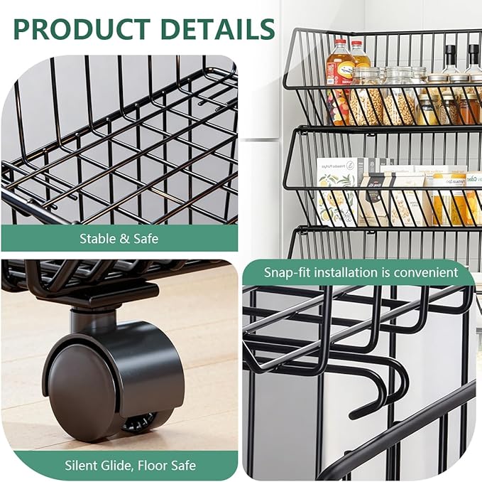 Wire Baskets Organization with Rollers for Kitchen and Home Storage, Vegetable Fruits Metal Basket for Countertop and Corner, Wire Basket Storage Bins for Space Utilization, Durable, 5 Tiers