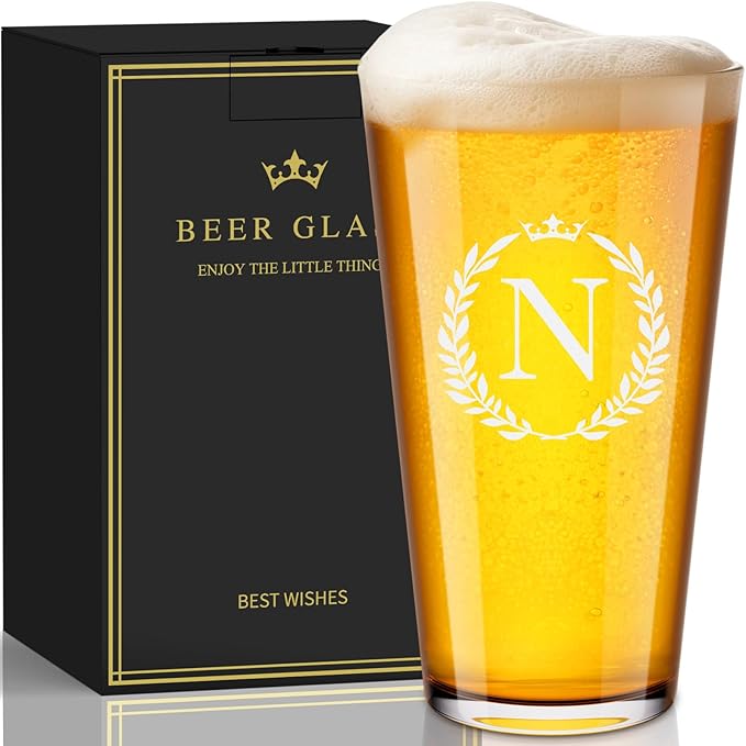 Personalized Beer Glasses Gifts for Men, 16 oz Pint Glasses Monogrammed A-Z Drinking Glass Cups Customized Gift, Unique Christmas Anniversary Birthday Gifts for Men Him Dad Brother Husband Grandpa (N)