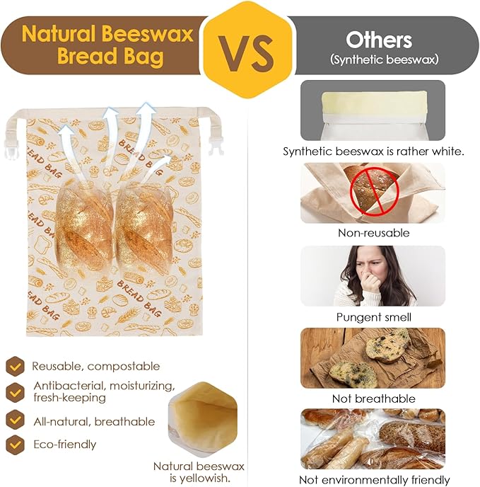 3-Pack Reusable Beeswax Bread Bags - Large 17x13 Inch for Sourdough & Homemade Bread Storage | All-Natural Beeswax Preservation, Eco-Friendly Cotton Food Bags - Easy to Clean & Daily Use