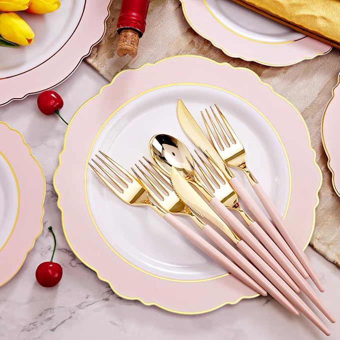 WDF 30Guest Pink Plates Disposable - Hign-end Baroque Design - Gold Plastic Silverware with Handle-Baroque Pink &Gold Plastic Dinnerware for Valentine's Day/Wedding