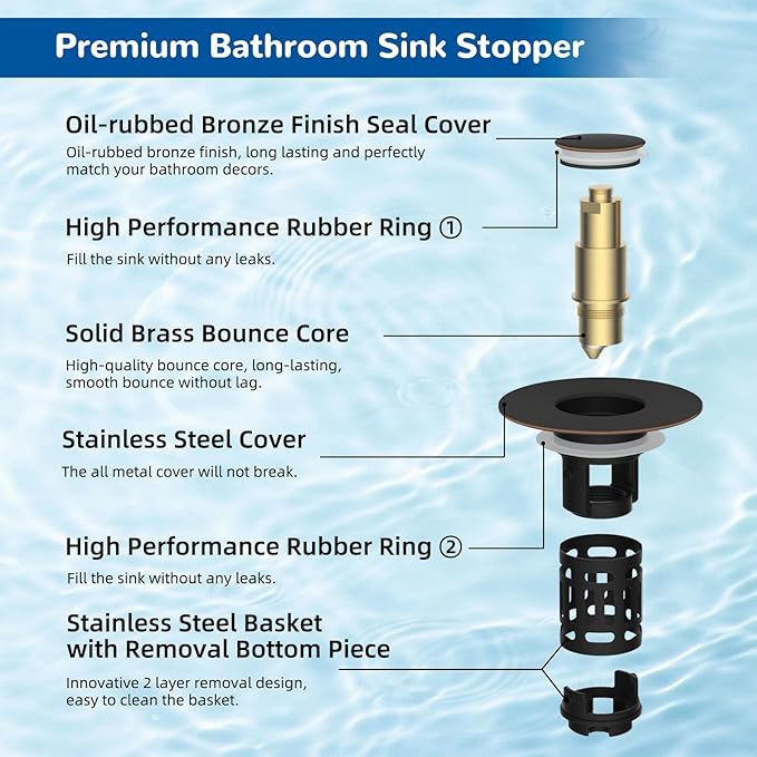 Hibbent 3 Pack Upgraded 3 in 1 Bathroom Sink Drain Strainer, Universal Pop Up Stopper with Removable Stainless Steel Filter Basket Hair Catcher, Sink Plug for 1.1''~2.36'' Basin, Oil-Rubbed Bronze