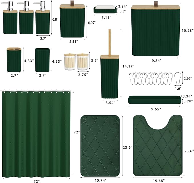 Bathroom Accessory Set - Dark Green Bathroom Set, 27PC Bathroom Accessories Set, Bathroom Sets with Shower Curtain and Rugs, Mini Trash Can, Toilet Brush, Trash Can & Soap Dispenser