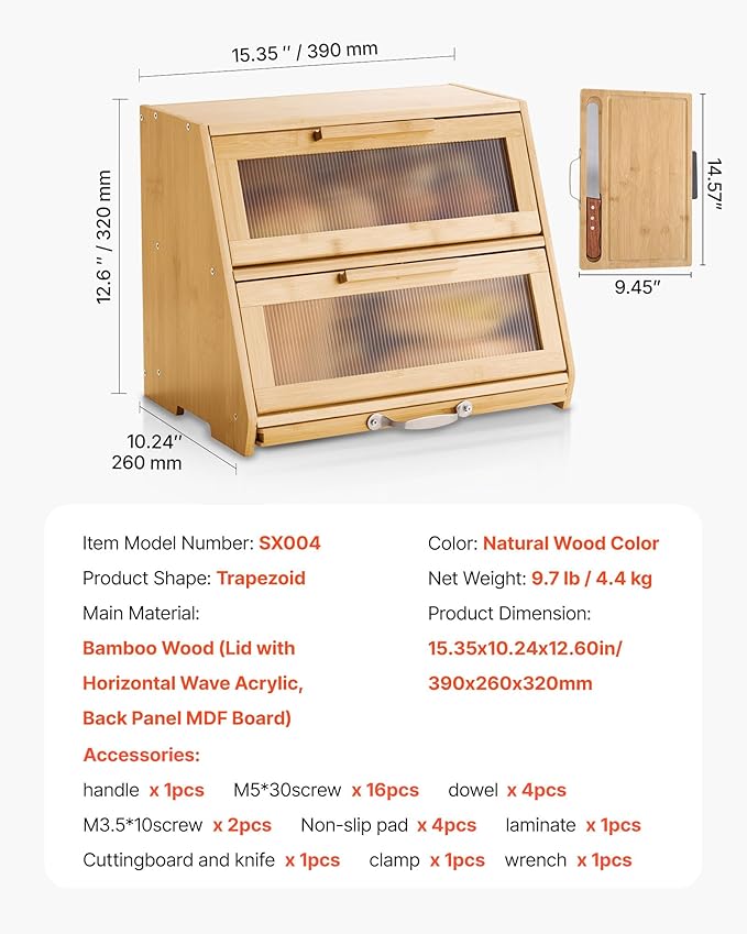 VEVOR Double Layer Bread Box for Kitchen Counter, Large Capacity Bamboo Bread Storage Container, Farmhouse Wooden Breadbox for Homemade Bread, Storage Holder Bin with Acrylic Wavy Door Panel, Natural