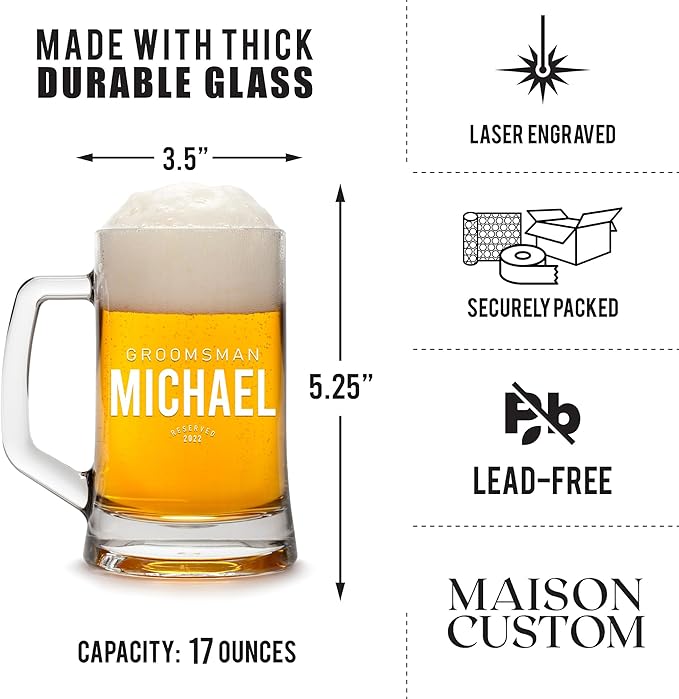 Groomsmen Gifts - Personalized Beer Mugs - Groomsmen Proposal Gift Idea - Customized Gift for Groom, Best Man, Groomsman - Custom Engraved Beer Mugs for Grooms Men - Groomsmen Beer Glasses (Design E)
