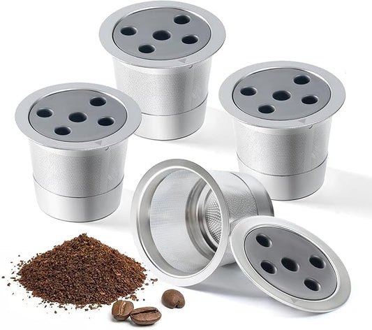 4 Pack Stainless Steel Reusable K Cups for K eurig Supreme & Supreme Plus, Five Hole Universal K-eurig Reusable Refillable coffee pod filter 2 Stainless Steel Spoons 2 Brushes