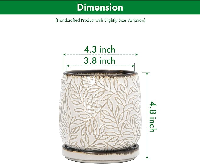 D'vine Dev 4 Inch Embossed Leaves Stoneware Planter Pot with Drainage Hole and Saucer, Smoked White, Set of 2, 27-F-Z-1