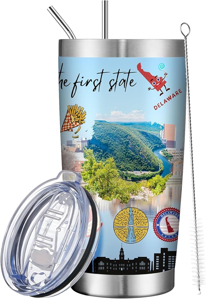 20oz Insulated Tumbler Delaware State Coffee Mug, United States Map Travel Mug Landmark, Birthday Gifts Cute Custom Tumbler Cups with Lid and Straw Mothers Day Gifts