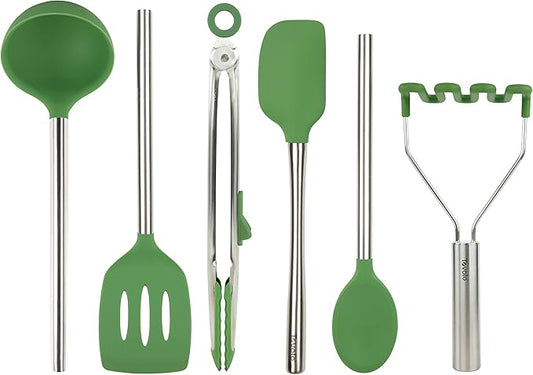 Tovolo Silicone Cooking Utensil Set of 6 Pesto Green Ladle Slotted Turner Tongs Flex Core Spatula Scraper Mixing Spoon and Potato Masher, Dishwasher Safe Non Toxic BPA Free Silicone Kitchen Utensils