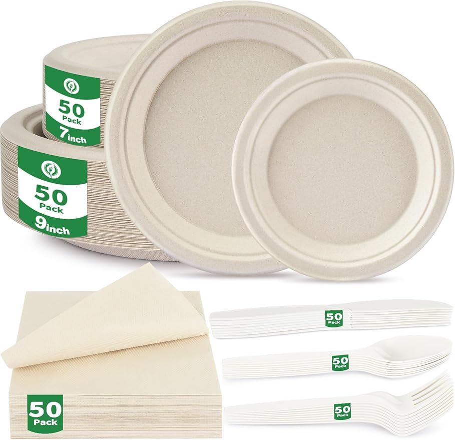 300Pcs Compostable Disposable Paper Plates Set - 9/7 Inch Heavy Duty Party Plates, Napkins and Cutlery, Biodegradable Eco-Friendly Dinnware Sets Supplies for Birthday, Christmas, Serve 50 Guests