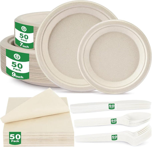 300Pcs Compostable Disposable Paper Plates Set - 9/7 Inch Heavy Duty Party Plates, Napkins and Cutlery, Biodegradable Eco-Friendly Dinnware Sets Supplies for Birthday, Christmas, Serve 50 Guests