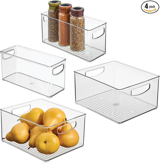 iDesign 4-Piece 50% Recycled Plastic Organizer Bin Set for Pantry and Cabinet Organization, Made in The USA – Two 10” x 8” x 5” and Two 10” x 4” x 5” Bins, Clear