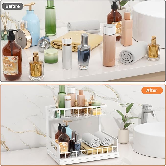 Under Sink Organizer, 2 Tier Pull Out Cabinet Organizer,Slide out Metal Cabinet Organizers Multi-Purpose Drawer Shelf for Kitchen Bathroom Pantry Cabinet Closet Organization Rack,White 1 Pack