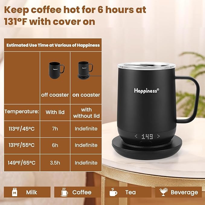 Happiness Smart Heated Coffee Mug,12oz Rechargeable Electric Self Heating Temperature Control Coffee Cup