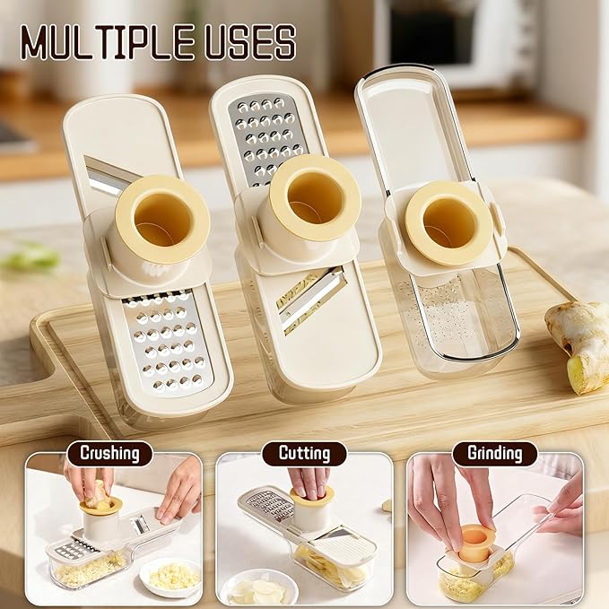 Mini Garlic Slicer,Functional Mandoline Slicers,Veggie Shredder,3 in 1 Ginger Garlic Grater with Hand Guard, Grinder Vegetable Mandoline Cutter with Container (White)