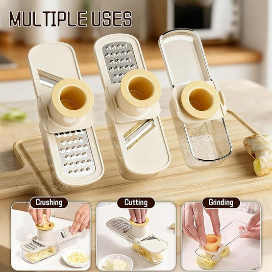 Mini Garlic Slicer,Functional Mandoline Slicers,Veggie Shredder,3 in 1 Ginger Garlic Grater with Hand Guard, Grinder Vegetable Mandoline Cutter with Container (Green)