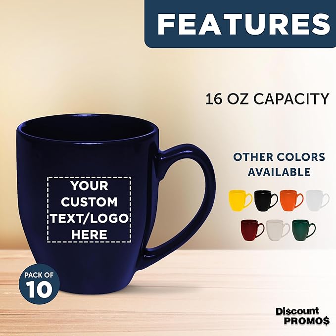 Custom Large Coffee Cups 16 oz. Set of 10, Personalized Bulk Pack - Perfect for Tea, Espresso, Cappuccino, Hot Cocoa - Blue
