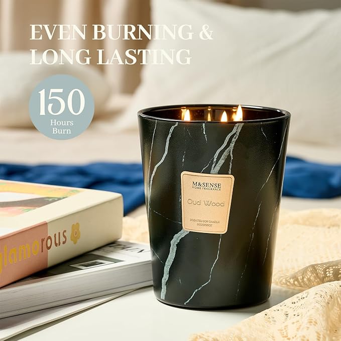 M&SENSE Extra Large Candle 35oz 150H OudWood Scented Candle, 3 Wick Highly Scented Jar Candle, XL Candles Gift for Women and Men